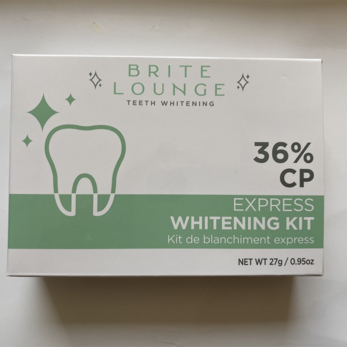 The Brite Lounge Express Whitening Kit carton, 36% carbamide peroxide